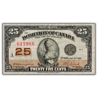 25 Cents 1923 Dominion of Canada Shinplaster Note Campbell-Clark DC-24d - VF/EF