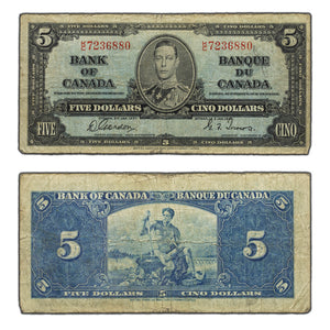 SOLD $5 1937 Bank of Canada Note Gordon-Towers K/C Prefix BC-23c - VG