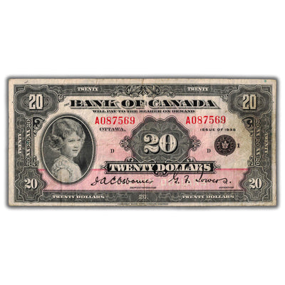 SOLD $20 1935 Bank of Canada Note English Text Small Seal BC-9b - Fine+