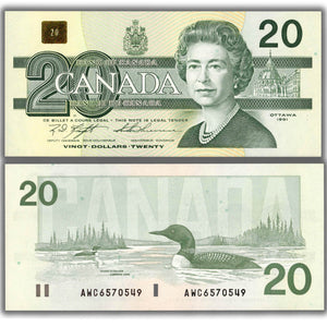 SOLD $20 1991 Bank of Canada Note AWC Changeover Prefix BC-58c - Choice UNC