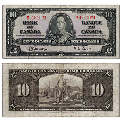 $10 1937 Bank of Canada Note Gordon-Towers W/D Prefix BC-24b - Tear
