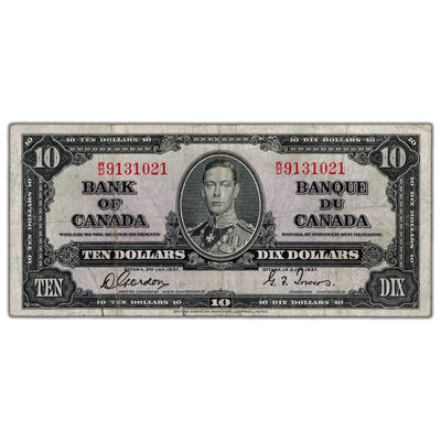 $10 1937 Bank of Canada Note Gordon-Towers W/D Prefix BC-24b - Tear