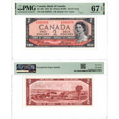 SOLD $2 1954 Bank of Canada Note Devil Face E/B Prefix BC-30b - PMG Gem UNC-67 EPQ