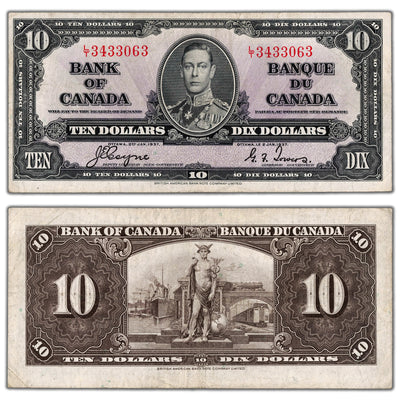 $10 1937 Bank of Canada Note Coyne-Towers L/T Prefix BC-24c - VF+