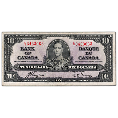 $10 1937 Bank of Canada Note Coyne-Towers L/T Prefix BC-24c - VF+