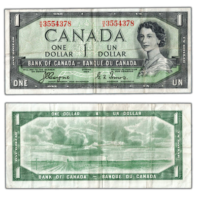 $1 1954 Bank of Canada Note Devil Face H/A Prefix BC-29b - VF