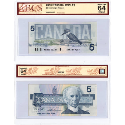 SOLD $5 1986 Bank of Canada Note Knight-Thiessen ANM Prefix BC-56d - BCS Ch UNC-64