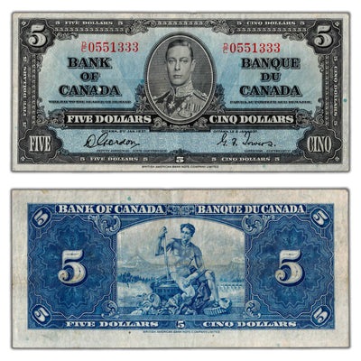 $5 1937 Bank of Canada Note Gordon-Towers D/C Prefix BC-23b - VF