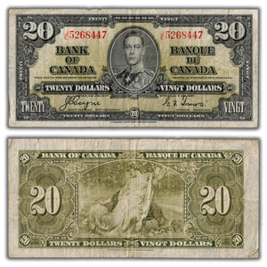 SOLD $20 1937 Bank of Canada Note Coyne-Towers J/E Prefix BC-25c - Minor Edge Tear