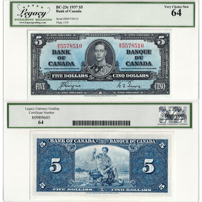 $5 1937 Bank of Canada Note Coyne-Towers B/S Prefix BC-23c - Legacy UNC-64