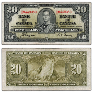 SOLD $20 1937 Bank of Canada Note Coyne-Towers K/E Prefix BC-25c - Fine+ (tear)