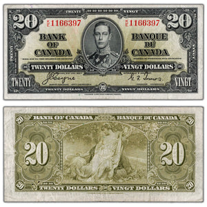 SOLD $20 1937 Bank of Canada Note Coyne-Towers K/E Prefix BC-25c - VF