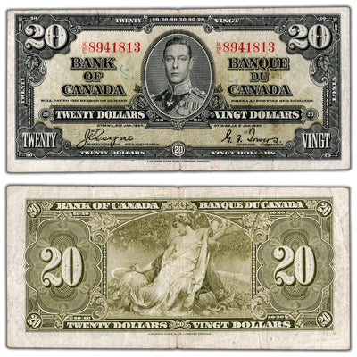 $20 1937 Bank of Canada Note Coyne-Towers K/E Prefix BC-25c - VF (sm tear/writing)