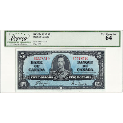 $5 1937 Bank of Canada Note Coyne-Towers B/S Prefix BC-23c - Legacy UNC-64