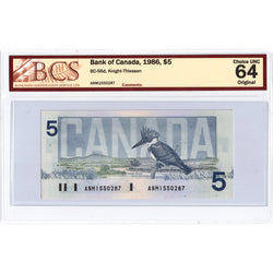 SOLD $5 1986 Bank of Canada Note Knight-Thiessen ANM Prefix BC-56d - BCS Ch UNC-64