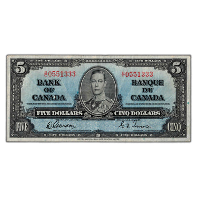 $5 1937 Bank of Canada Note Gordon-Towers D/C Prefix BC-23b - VF