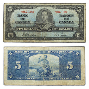 SOLD $5 1937 Bank of Canada Note Gordon-Towers M/C Prefix BC-23c - VG