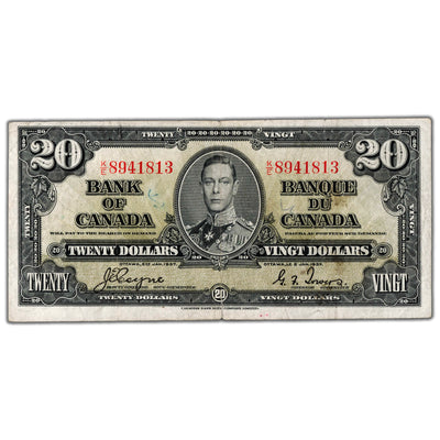 $20 1937 Bank of Canada Note Coyne-Towers K/E Prefix BC-25c - VF (sm tear/writing)
