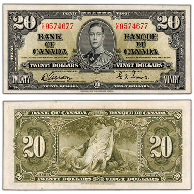 SOLD $20 1937 Bank of Canada Note Gordon-Towers C/E Prefix BC-25b - AU/UNC