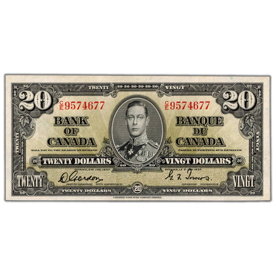 SOLD $20 1937 Bank of Canada Note Gordon-Towers C/E Prefix BC-25b - AU/UNC