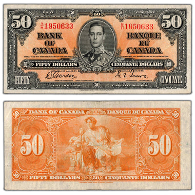 $50 1937 Bank of Canada Note Gordon-Towers B/H Prefix BC-26b - VF