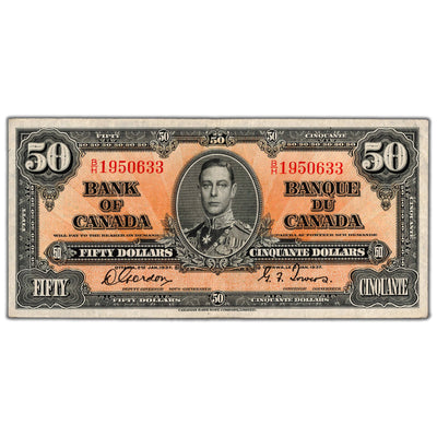 $50 1937 Bank of Canada Note Gordon-Towers B/H Prefix BC-26b - VF
