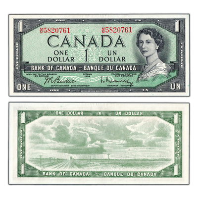 SOLD $1 1954 Bank of Canada Note Beattie-Rasminsky M/M Prefix BC-37b-i - AU
