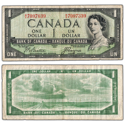 $1 1954 Bank of Canada Note Devil Face Portrait M/A Prefix BC-29b - Fine+