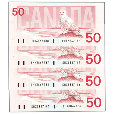 SOLD $50 1988 Bank of Canada Notes EHX Replacement Prefix BC-59aA - 4 Consec AU+/UNC