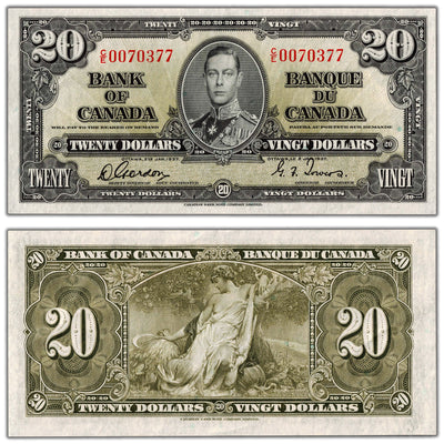 SOLD $20 1937 Bank of Canada Note Gordon-Towers C/E Prefix BC-25b - AU/UNC