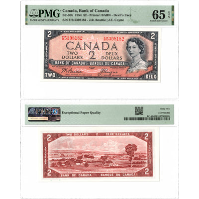 SOLD $2 1954 Bank of Canada Note Devil Face F/B Prefix BC-30b - PMG Gem UNC-65 EPQ