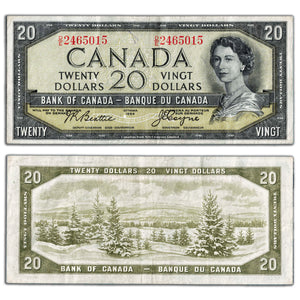 SOLD $20 1954 Bank of Canada Note Devil Face D/E Prefix BC-33b - Minor Pen