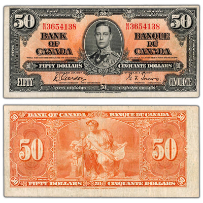 $50 1937 Bank of Canada Note Gordon-Towers B/H Prefix BC-26b - VF