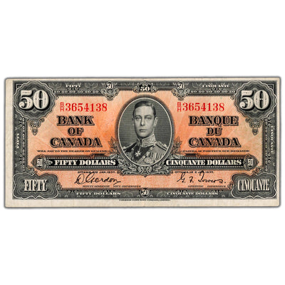 $50 1937 Bank of Canada Note Gordon-Towers B/H Prefix BC-26b - VF
