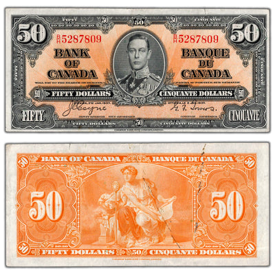 $50 1937 Bank of Canada Note Coyne-Towers B/H Prefix BC-26c - EF (tear/ink)