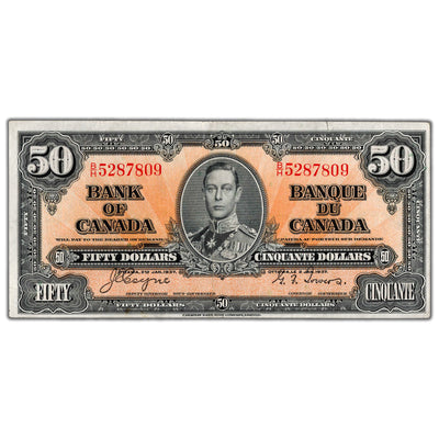 $50 1937 Bank of Canada Note Coyne-Towers B/H Prefix BC-26c - EF (tear/ink)