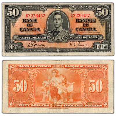$50 1937 Bank of Canada Note Gordon-Towers B/H Prefix BC-26b - Writing