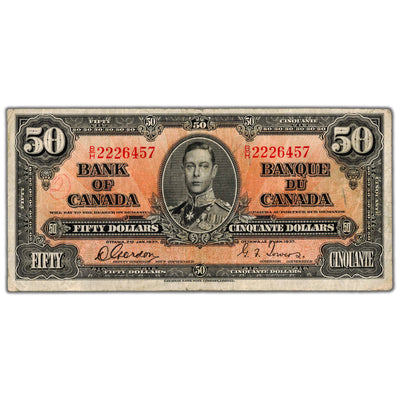 $50 1937 Bank of Canada Note Gordon-Towers B/H Prefix BC-26b - Writing