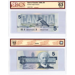 SOLD $5 1986 Bank of Canada Note Knight-Thiessen ANK Prefix BC-56d - BCS Ch UNC-63