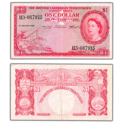 British Caribbean Territories 1958 $1 One Dollar Note P #7c - VF/EF