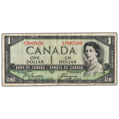 $1 1954 Bank of Canada Note Devil Face Portrait M/A Prefix BC-29b - Fine+