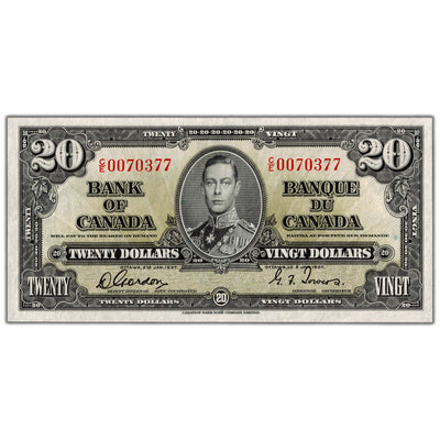 SOLD $20 1937 Bank of Canada Note Gordon-Towers C/E Prefix BC-25b - AU/UNC