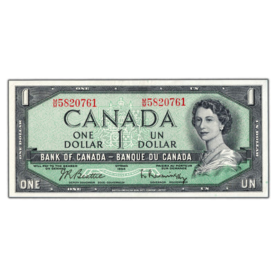 SOLD $1 1954 Bank of Canada Note Beattie-Rasminsky M/M Prefix BC-37b-i - AU