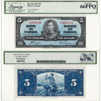 $5 1937 Bank of Canada Note Coyne-Towers Z/C Prefix BC-23c - Legacy Gem UNC-66 PPQ