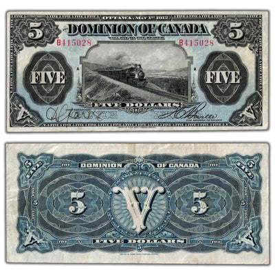 SOLD $5 1912 Dominion of Canada Note No Seal 'B' Before Sheet DC-21c - Nice VF/EF