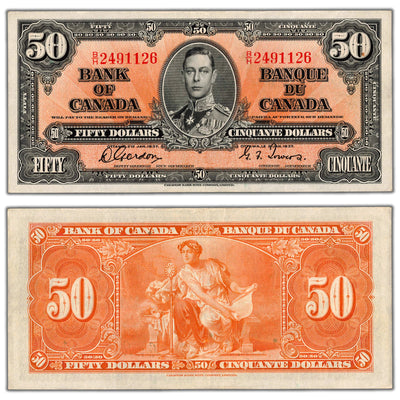 SOLD $50 1937 Bank of Canada Note Gordon-Towers B/H Prefix BC-26b - EF