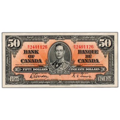SOLD $50 1937 Bank of Canada Note Gordon-Towers B/H Prefix BC-26b - EF