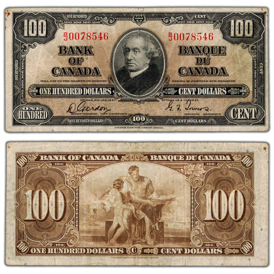 SOLD $100 1937 Bank of Canada Note Gordon-Towers B/J Prefix BC-27b - F/VF