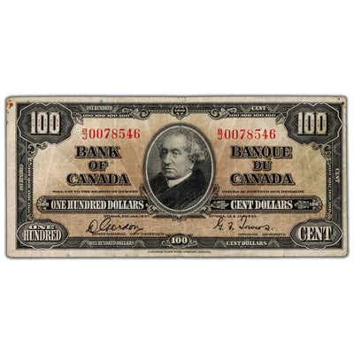 SOLD $100 1937 Bank of Canada Note Gordon-Towers B/J Prefix BC-27b - F/VF