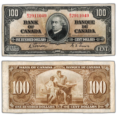 SOLD $100 1937 Bank of Canada Note Gordon-Towers B/J Prefix BC-27b - Trimmed
